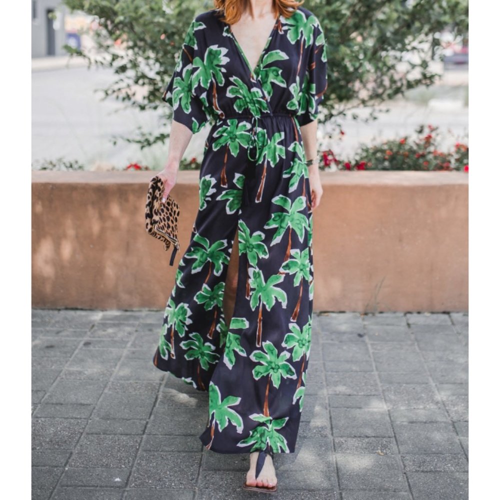 NEW Cooper Ella Jessa Caftan Maxi Dress Tropical Palm Tree V-Neck Surplice Long